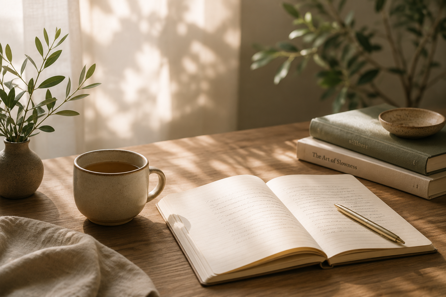 A quiet working environment — notebook, ceramic cup and morning light