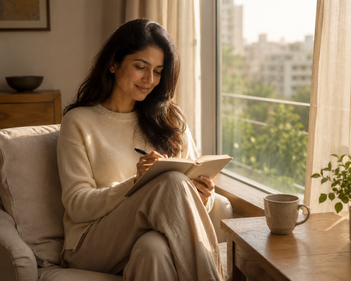 A woman writing quietly by a window — building inner strength